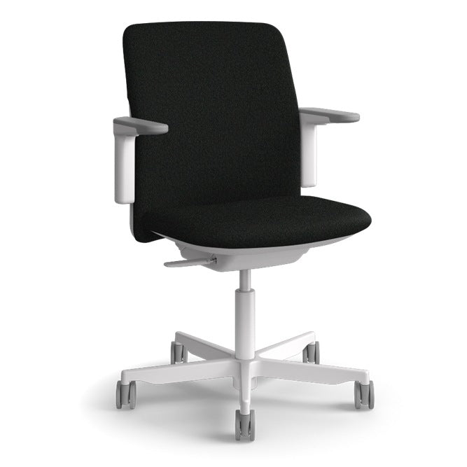 Humanscale Path task chair in Moss FormSense Eco Knit with a light grey frame, dark grey trim and adjustable arms, three-quarter view