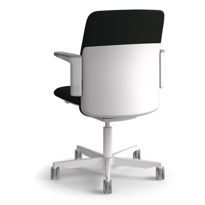 Humanscale Path task chair in Moss FormSense Eco Knit with a light grey frame, dark grey trim and adjustable arms, rear three-quarter view showing the back shell