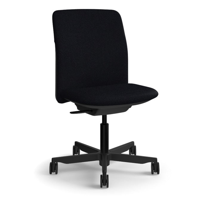 Armless Humanscale Path task chair in Soft Black FormSense Eco Knit with a black frame, three-quarter view