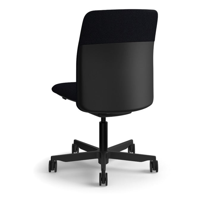 Armless Humanscale Path task chair in Soft Black FormSense Eco Knit with a black frame, rear three-quarter view showing the back shell