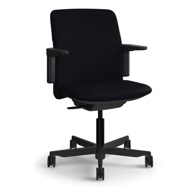 Humanscale Path task chair in Soft Black FormSense Eco Knit with a black frame and adjustable arms, three-quarter view