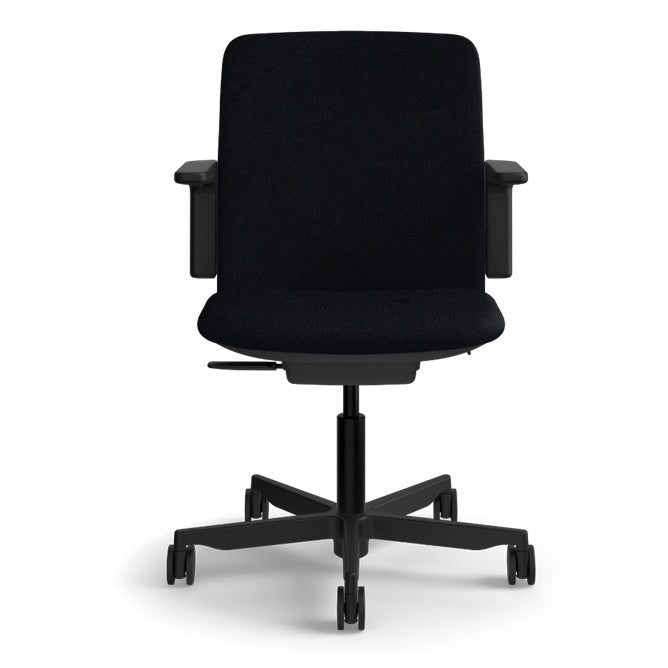 Humanscale Path task chair in Soft Black FormSense Eco Knit with a black frame and adjustable arms, front view