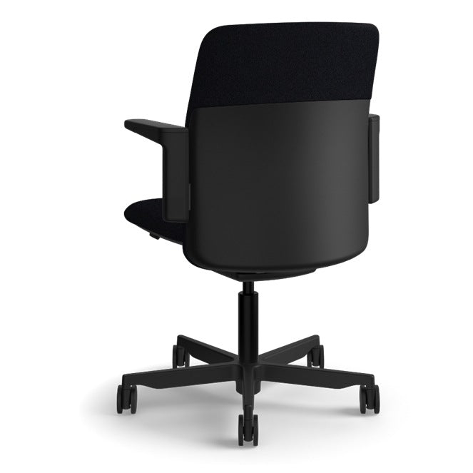 Humanscale Path task chair in Soft Black FormSense Eco Knit with a black frame and adjustable arms, rear three-quarter view showing the back shell