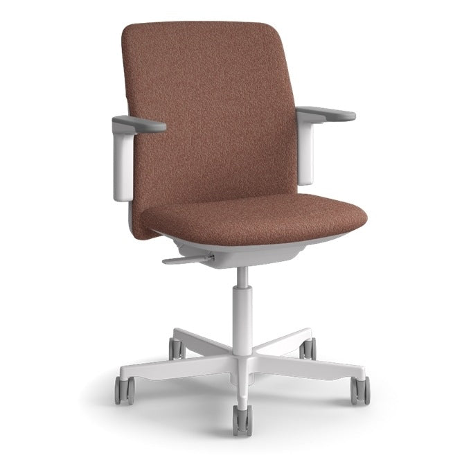 Humanscale Path task chair in Terracotta FormSense Eco Knit with a light grey frame, dark grey trim and adjustable arms, three-quarter view