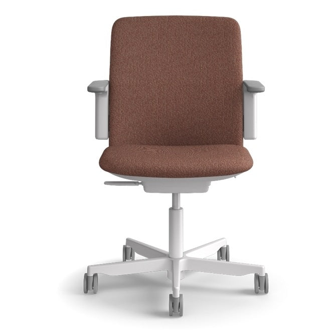 Humanscale Path task chair in Terracotta FormSense Eco Knit with a light grey frame, dark grey trim and adjustable arms, front view