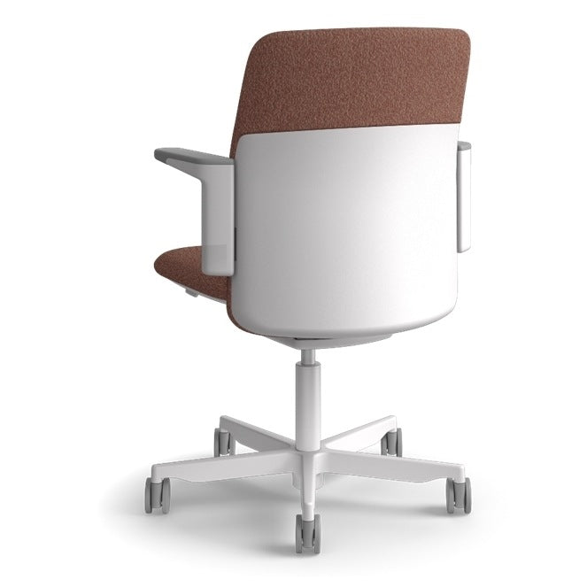 Humanscale Path task chair in Terracotta FormSense Eco Knit with a light grey frame, dark grey trim and adjustable arms, rear three-quarter view showing the back shell