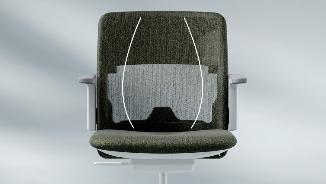Humanscale Path chair with a green FormSense Eco Knit back and light grey frame, with lines tracing the support zones of the knit