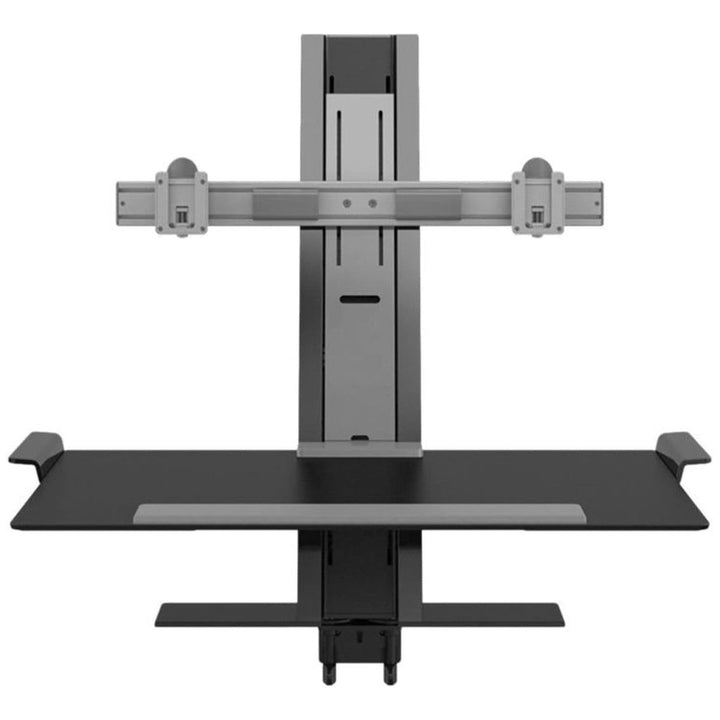 Humanscale QuickStand sit-stand workstation in black with standard crossbar for two monitors and large keyboard platform, front view - Chair Dinkum Australia