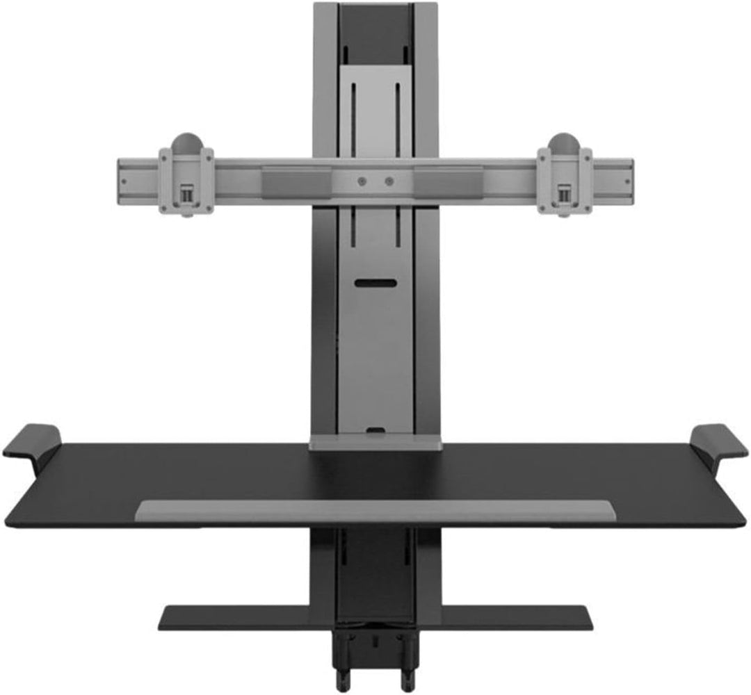 Humanscale QuickStand in black with standard crossbar for two monitors and large keyboard platform, clamp-mounted - Humanscale product render