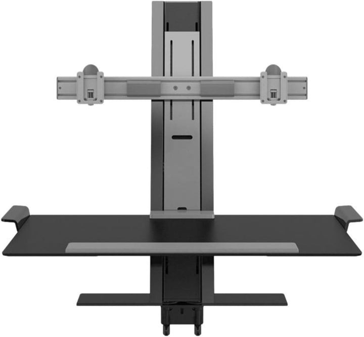 Humanscale QuickStand in black with the two-screen crossbar and large keyboard platform (Humanscale photograph)