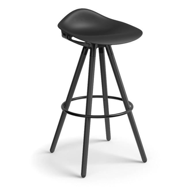 Humanscale Sedeo bar stool with black-stained oak legs, black frame and a black seat shell, three-quarter view