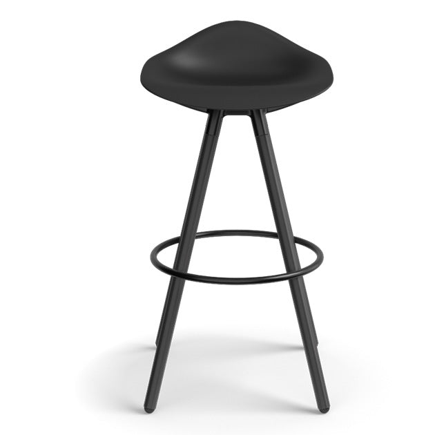 Humanscale Sedeo bar stool with black-stained oak legs, black frame and a black seat shell, front view