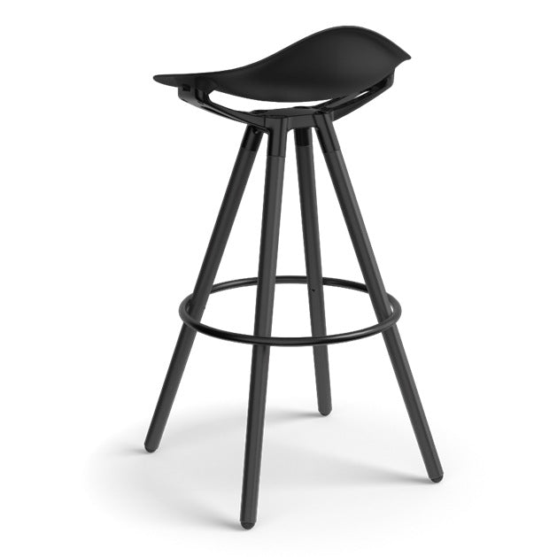 Humanscale Sedeo bar stool with black-stained oak legs, black frame and a black seat shell, side view