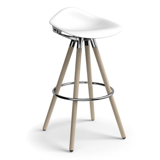 Humanscale Sedeo bar stool with clear maple legs, polished aluminium frame and foot ring, and a white seat shell, three-quarter view