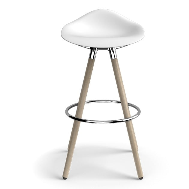 Humanscale Sedeo bar stool with clear maple legs, polished aluminium frame and foot ring, and a white seat shell, front view
