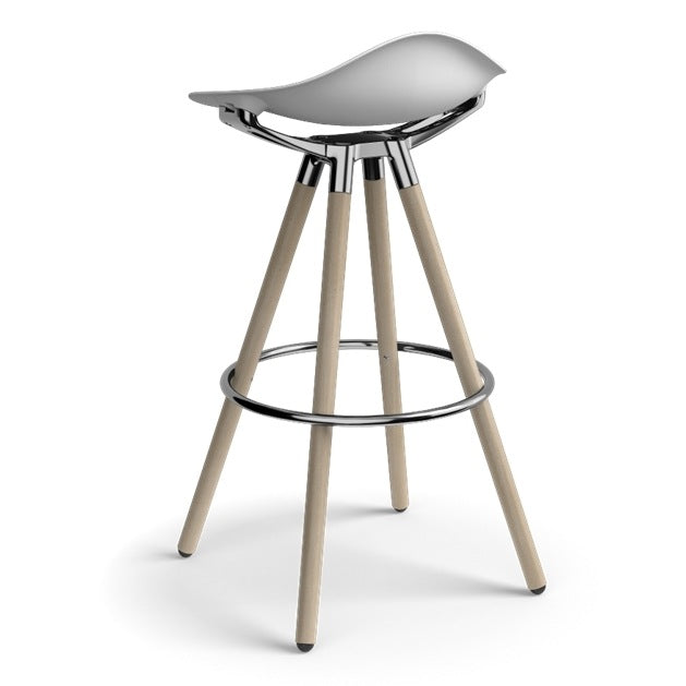 Humanscale Sedeo bar stool with clear maple legs, polished aluminium frame and foot ring, and a white seat shell, side view