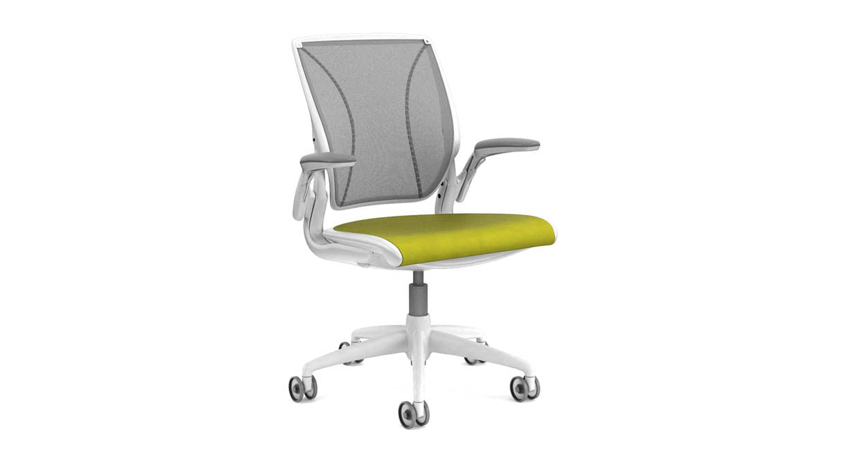 Humanscale World One chair in green fabric showing ergonomic mesh back support - Chair Dinkum Australia