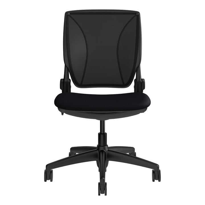 Humanscale World One LM armless chair with upholstered black seat and black mesh back, front view - Chair Dinkum Australia