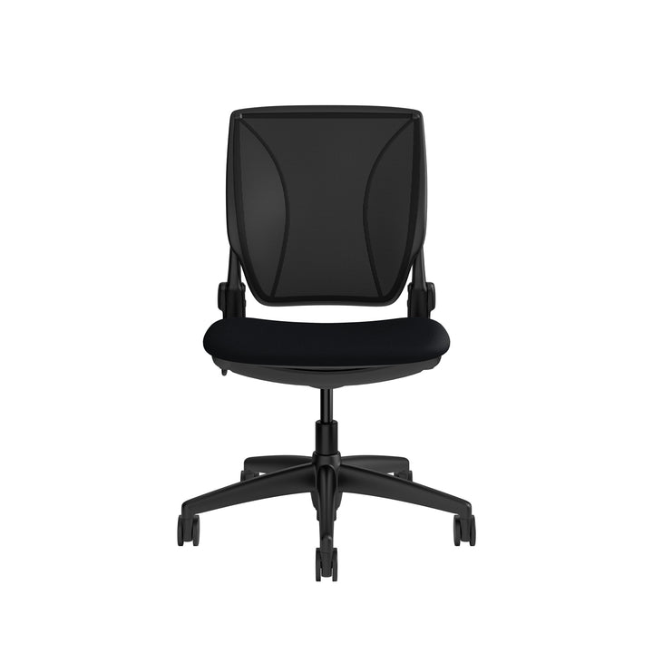 Humanscale World One LM armless chair with upholstered black seat and black mesh back, front view - Chair Dinkum Australia