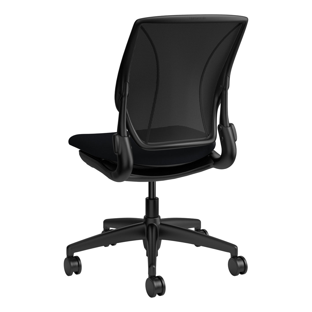 Humanscale World One LM armless chair with upholstered black seat and black mesh back, rear three-quarter view - Chair Dinkum Australia
