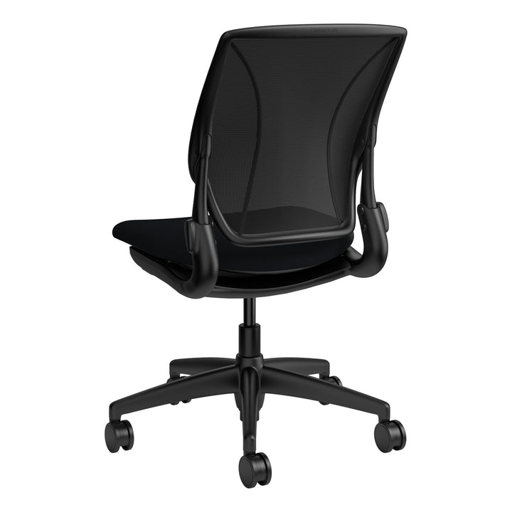 Humanscale World One LM armless chair with upholstered black seat and black mesh back, rear three-quarter view - Chair Dinkum Australia