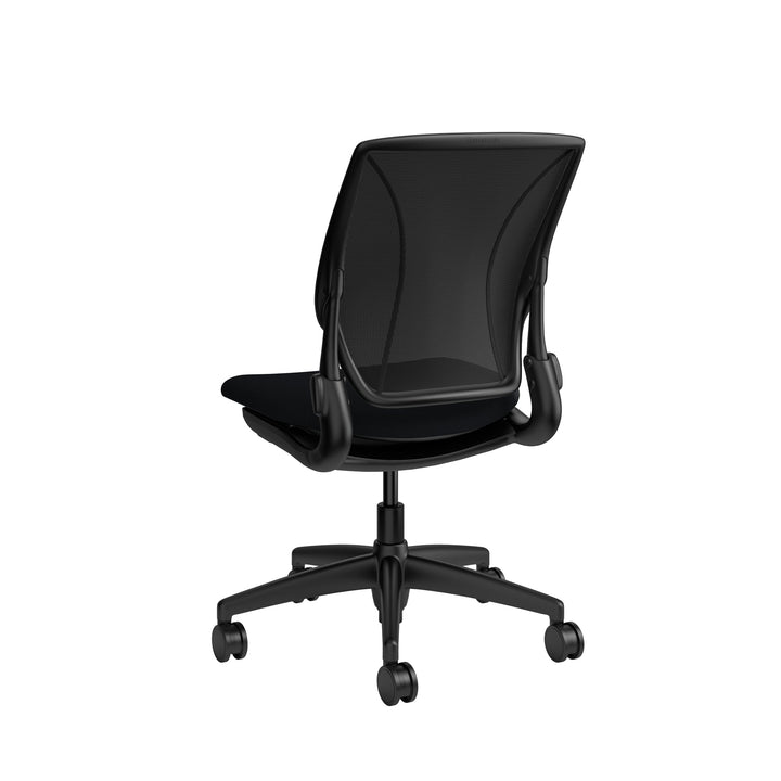 Humanscale World One LM armless chair with upholstered black seat and black mesh back, rear three-quarter view - Chair Dinkum Australia