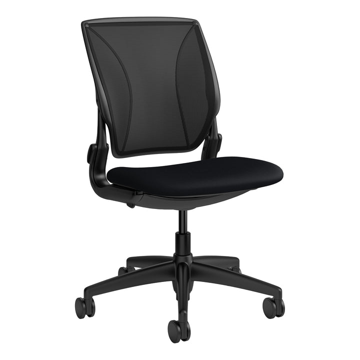 Humanscale World One LM armless chair with upholstered black Corde 4 seat and black mesh back, front three-quarter view - Chair Dinkum Australia