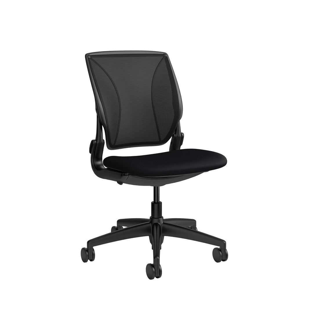 Humanscale World One LM armless chair with upholstered black Corde 4 seat and black mesh back, front three-quarter view - Chair Dinkum Australia