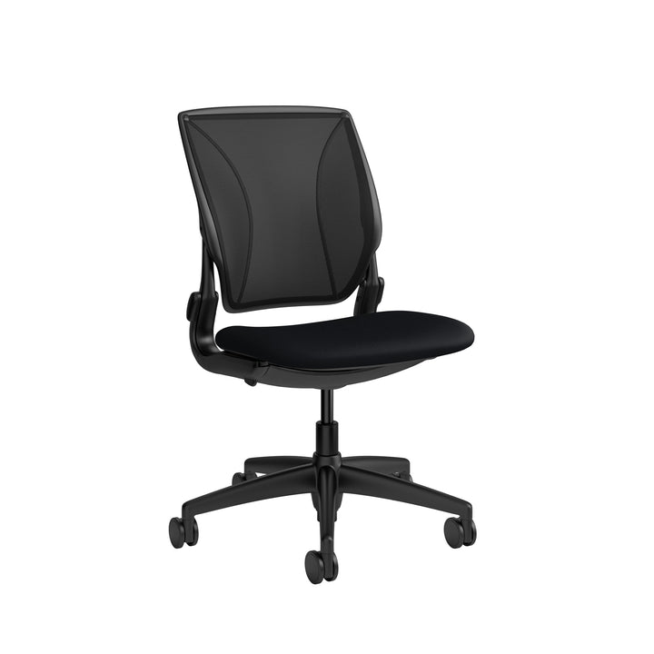 Humanscale World One LM armless chair with upholstered black Corde 4 seat and black mesh back, front three-quarter view - Chair Dinkum Australia