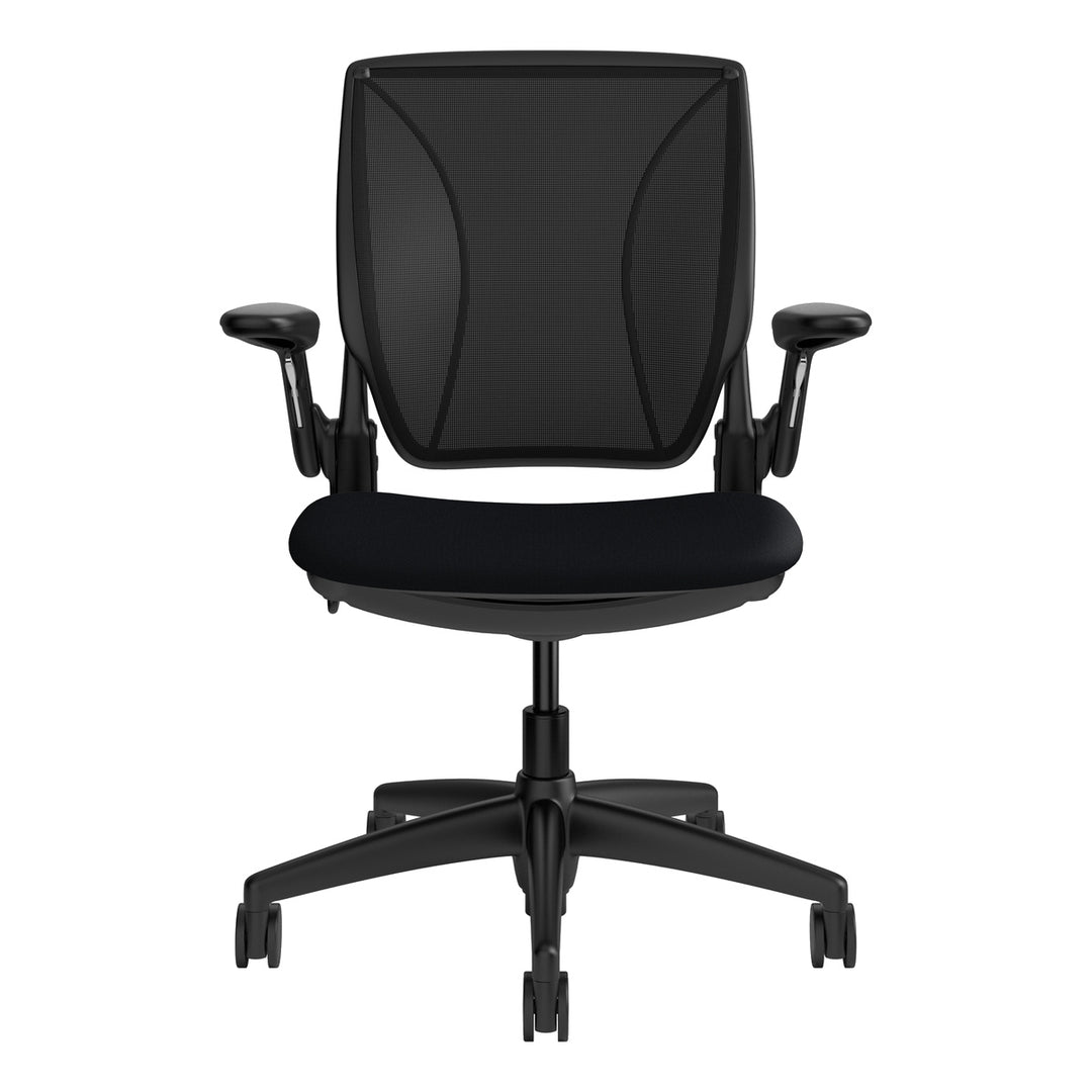 Humanscale World One LM chair with upholstered black seat and black mesh back, adjustable arms, front view - Chair Dinkum Australia