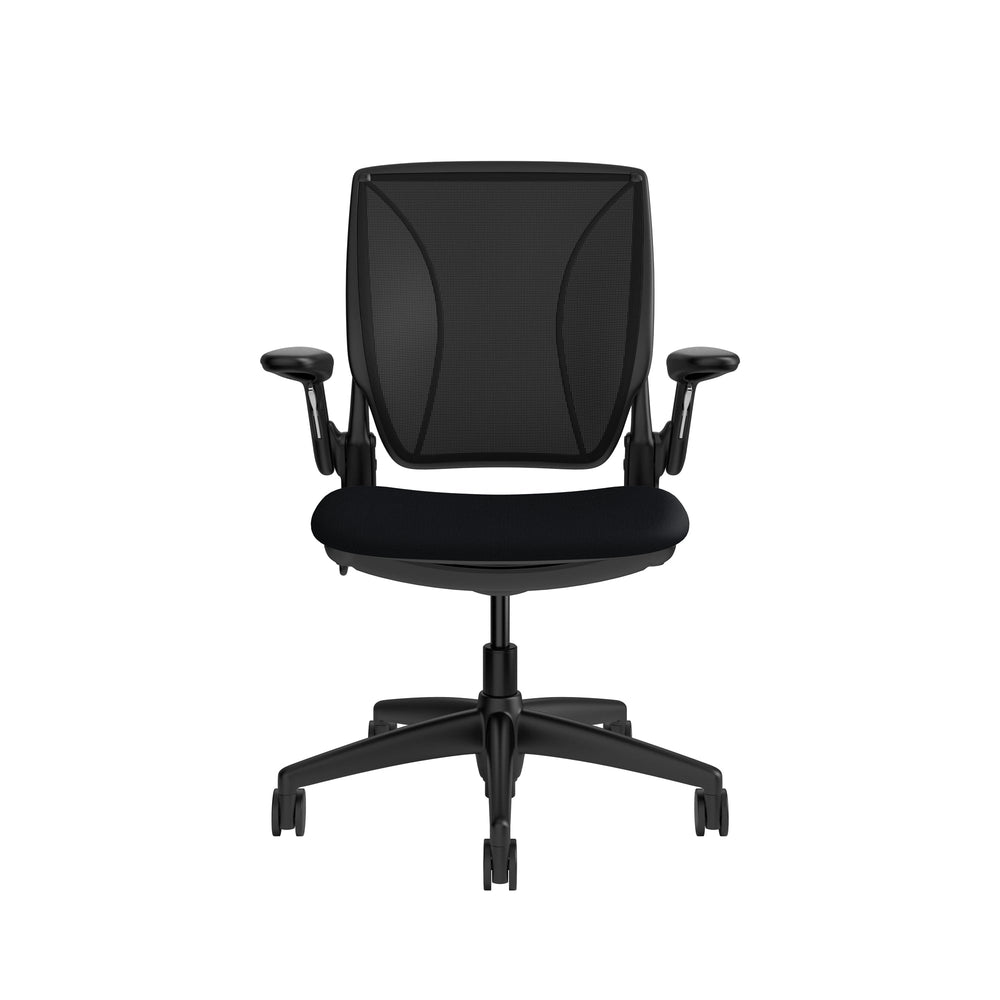 Humanscale World One LM chair with upholstered black seat and black mesh back, adjustable arms, front view - Chair Dinkum Australia