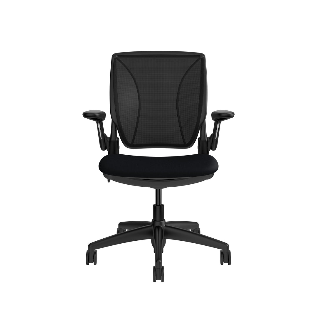 Humanscale World One LM chair with upholstered black seat and black mesh back, adjustable arms, front view - Chair Dinkum Australia