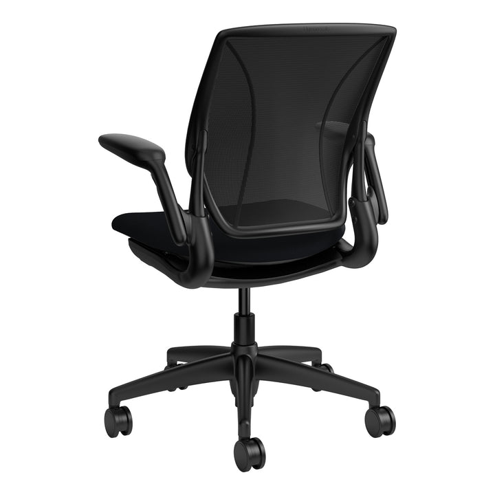 Humanscale World One LM chair with upholstered black seat and black mesh back, adjustable arms, rear three-quarter view - Chair Dinkum Australia