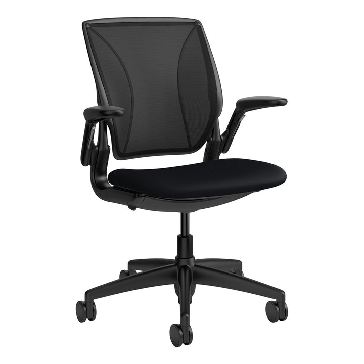Humanscale World One LM chair with upholstered black Corde 4 seat and black mesh back, adjustable arms, front three-quarter view - Chair Dinkum Australia