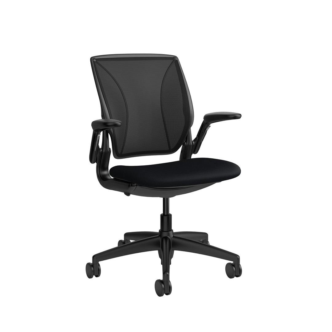 Humanscale World One LM chair with upholstered black Corde 4 seat and black mesh back, adjustable arms, front three-quarter view - Chair Dinkum Australia