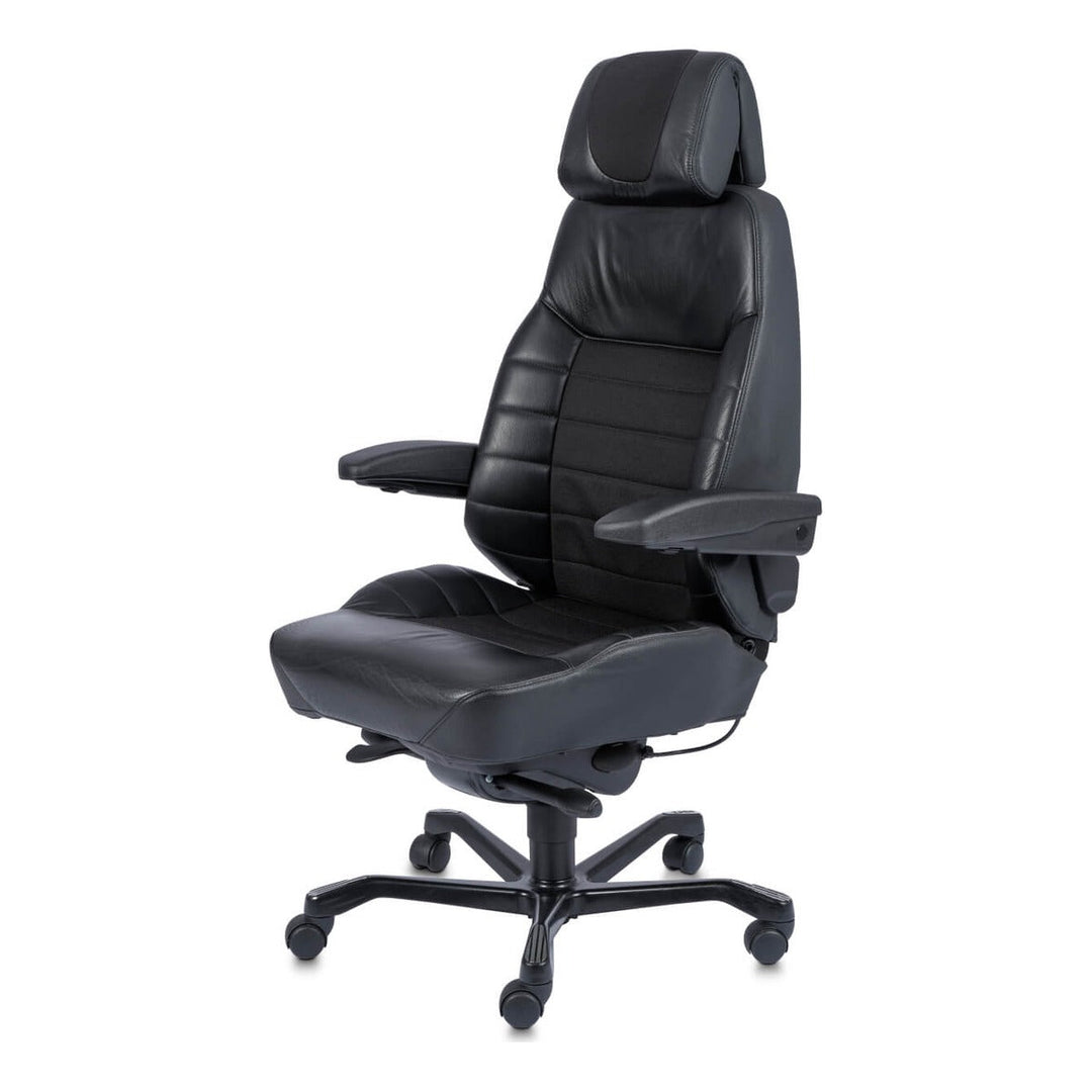 KAB Executive 24/7 office chair, half leather half cloth, front three-quarter view (KAB Seating photograph)