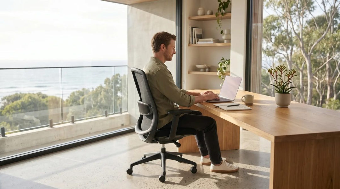 Man working from coastal Australian home office on Buro Kyoto ergonomic chair