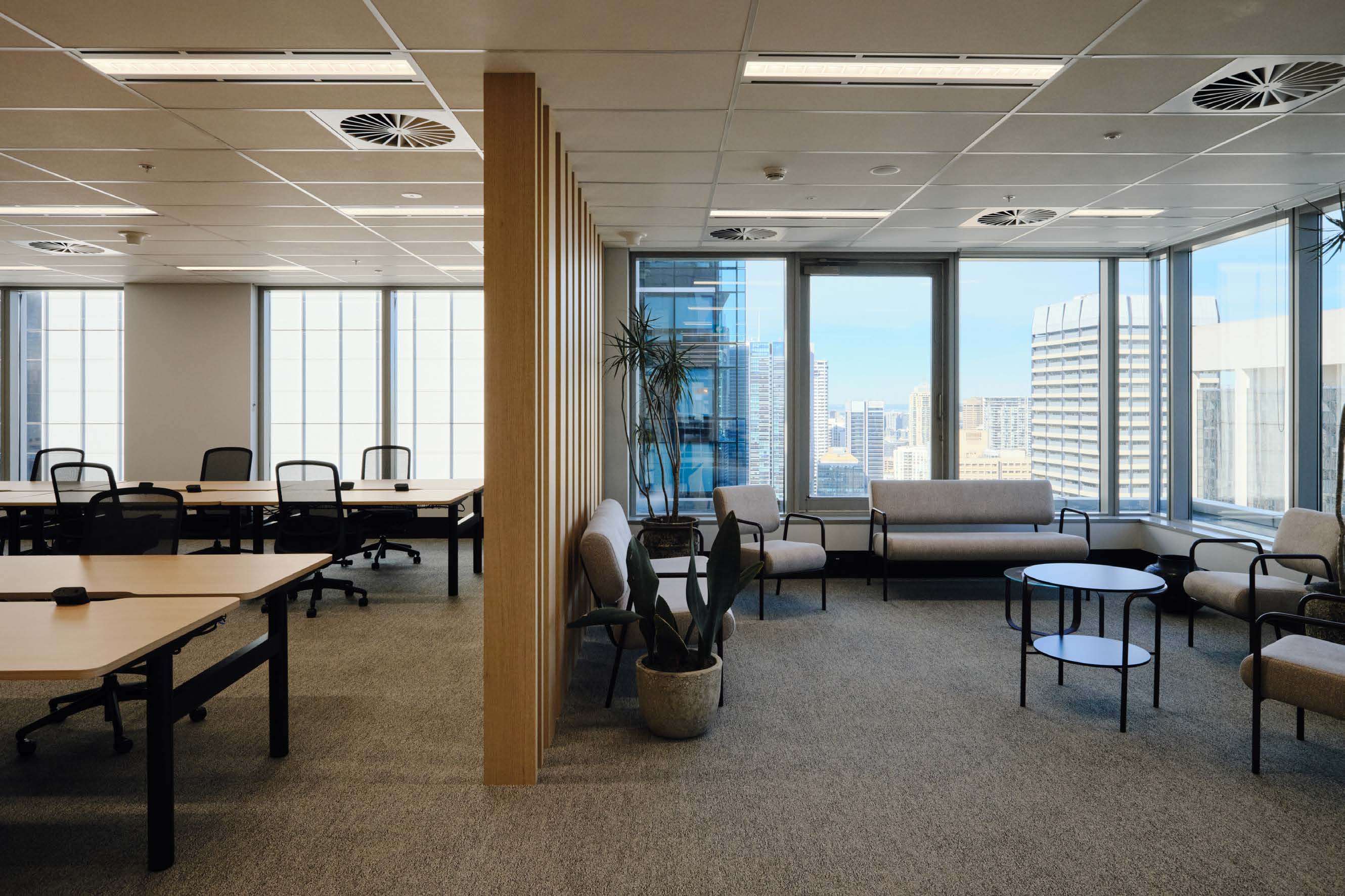 Kyoto task chairs in a corporate office, showing the mesh backs across a row of desks
