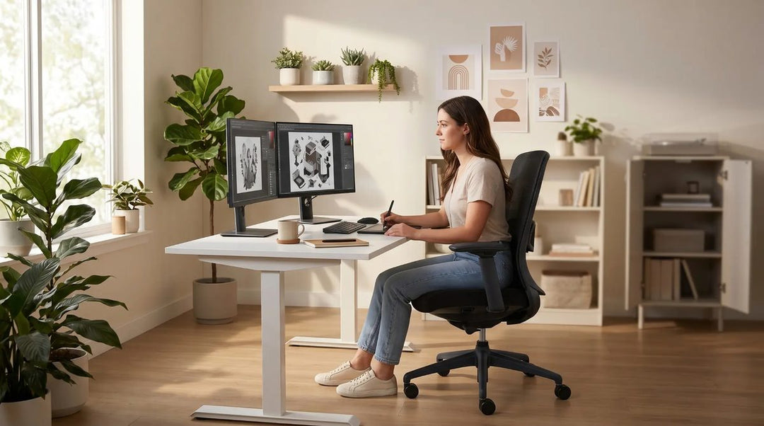 Creative professional at dual screen setup with Buro Kyoto ergonomic chair