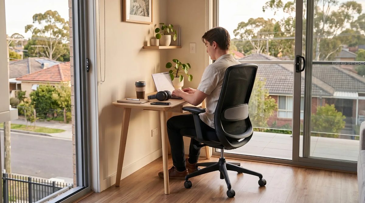 Young professional working from apartment on Buro Kyoto ergonomic chair