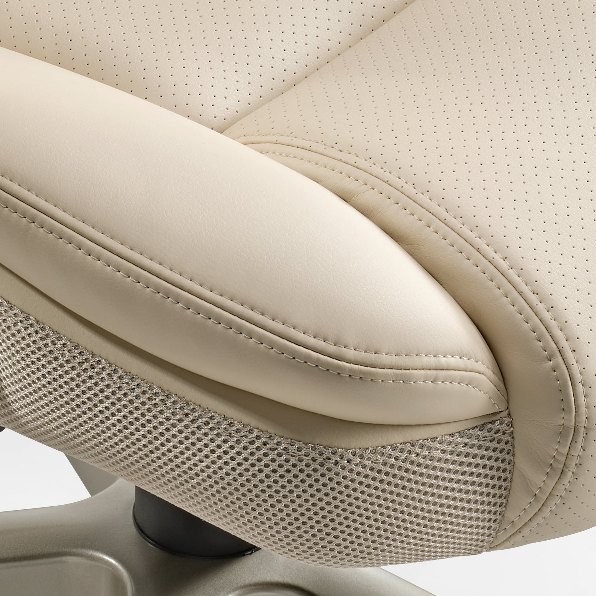 Close detail of premium leather upholstery on an office chair with stitching and grain - Chair Dinkum Australia