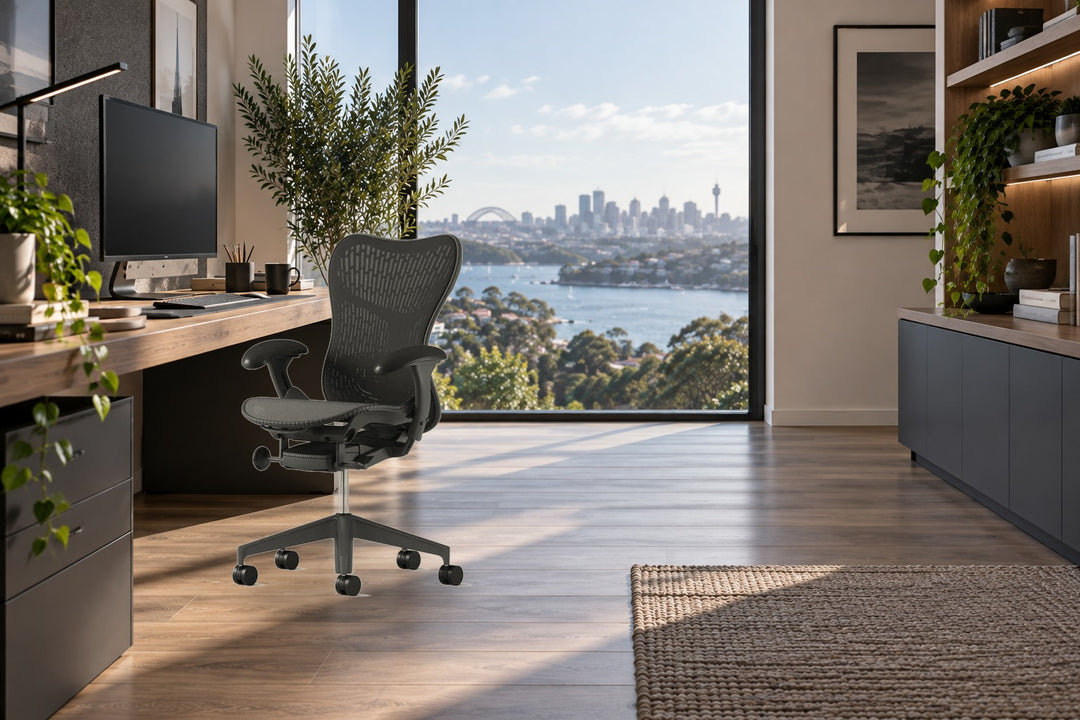 Herman Miller Mirra 2 chair in Graphite beside a desk in a Sydney harbourside home office - Chair Dinkum Australia