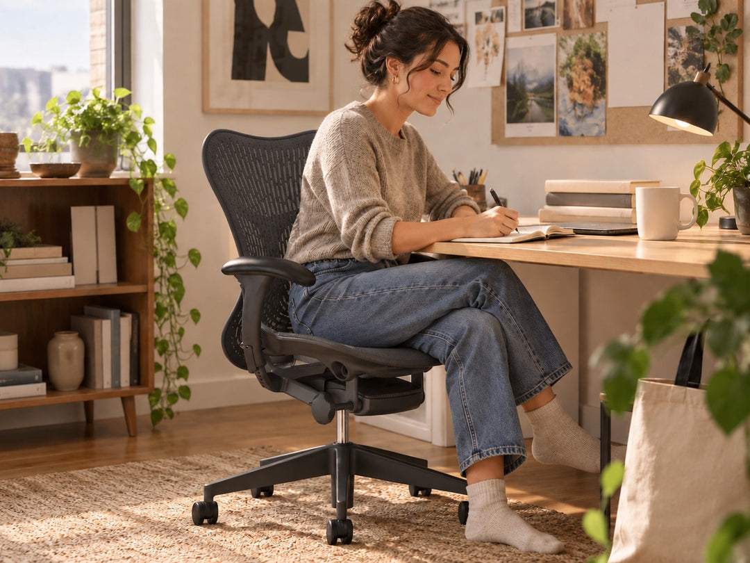 Person writing at a home office desk in a Herman Miller Mirra 2 chair in Graphite with Butterfly Suspension back - Chair Dinkum Australia