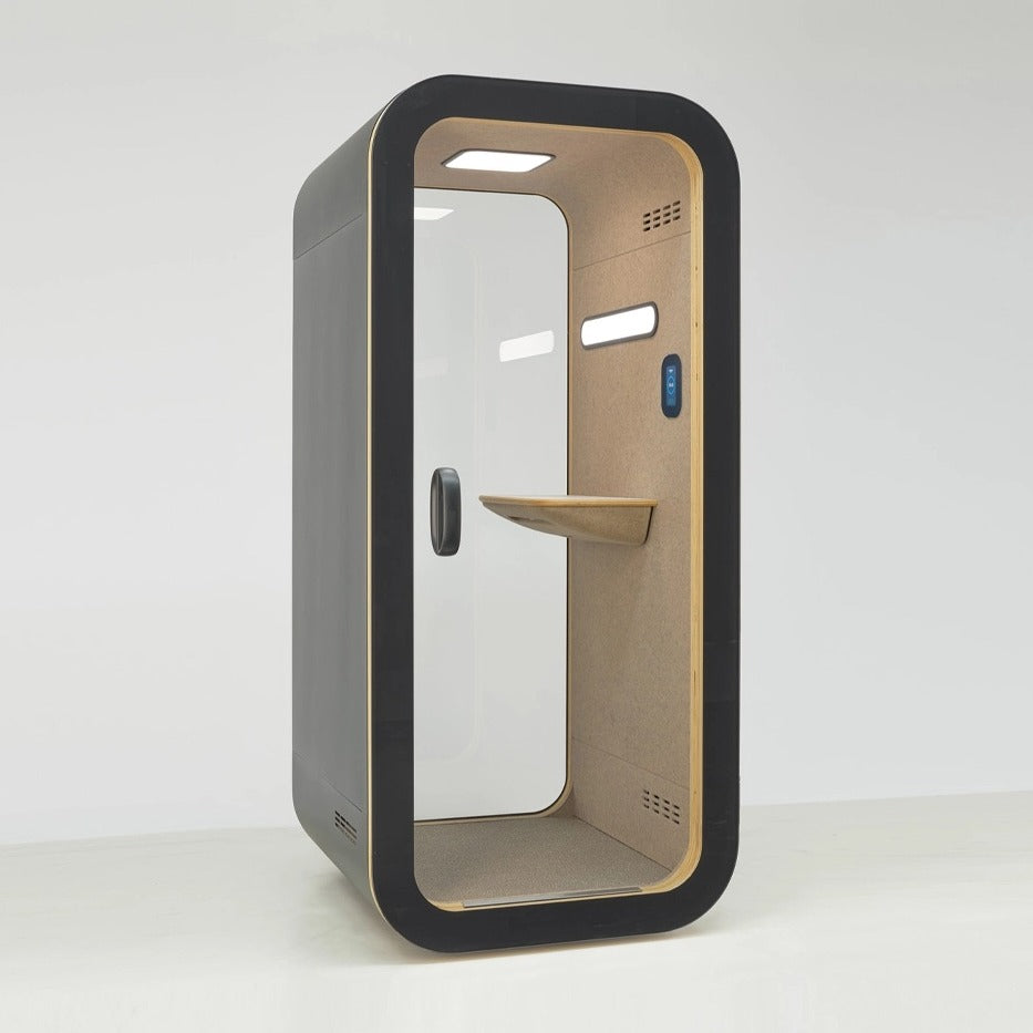 NUMO Call office phone booth in black, three-quarter view with desk shelf | Chair Dinkum Australia