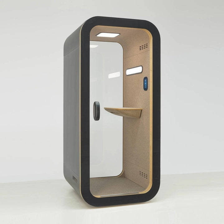 NUMO Call office phone booth in black, three-quarter view with desk shelf | Chair Dinkum Australia