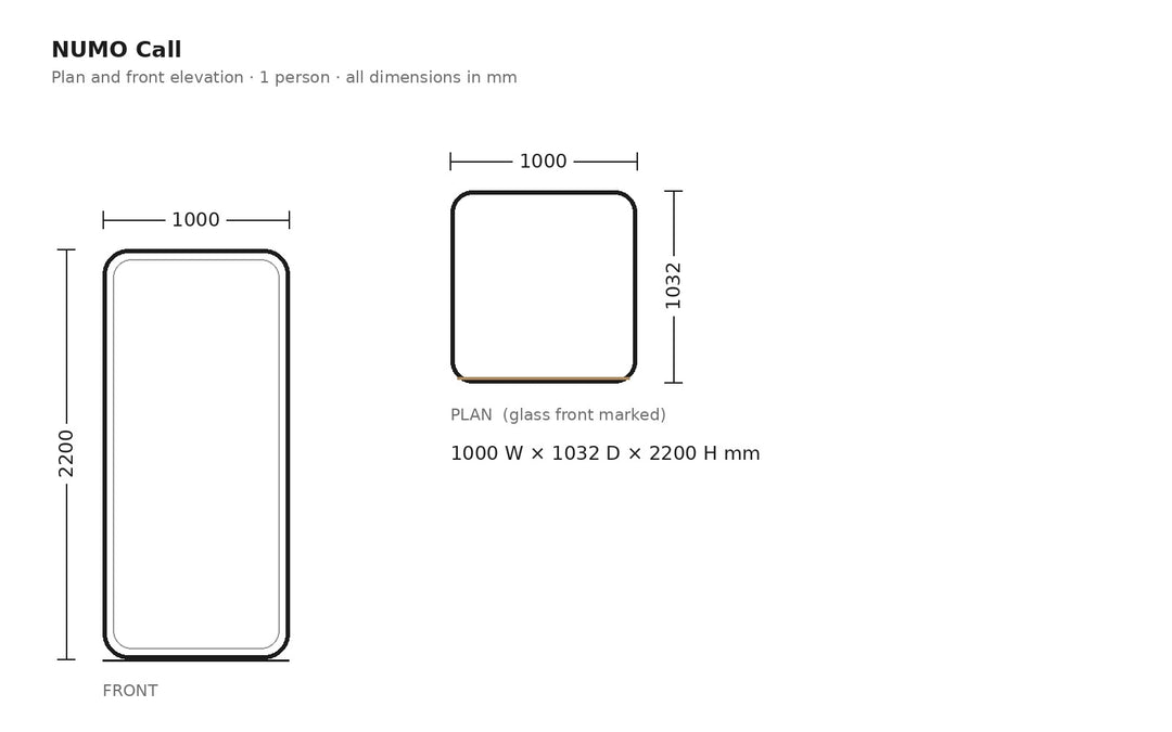 NUMO Call office phone booth dimensions, plan and front elevation in mm | Chair Dinkum Australia