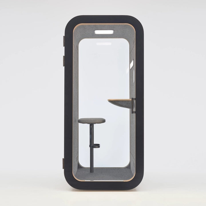 NUMO Call office phone booth front view with stool, frameless glass door | Chair Dinkum Australia