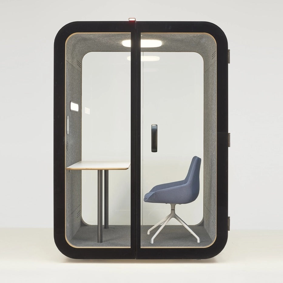 NUMO Focus office work pod in black, front view with two-panel glass front | Chair Dinkum Australia