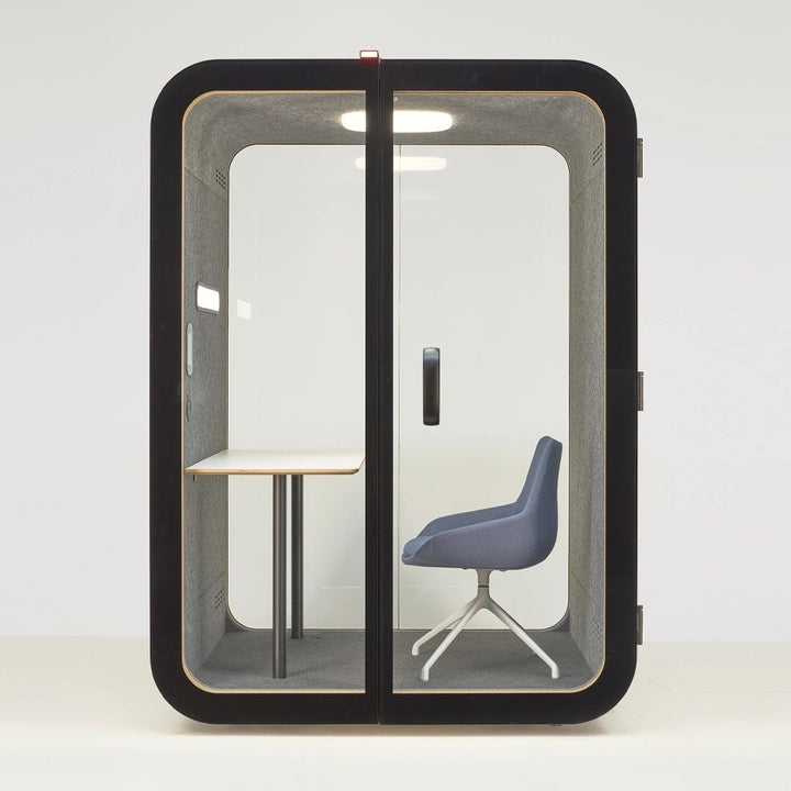 NUMO Focus office work pod in black, front view with two-panel glass front | Chair Dinkum Australia