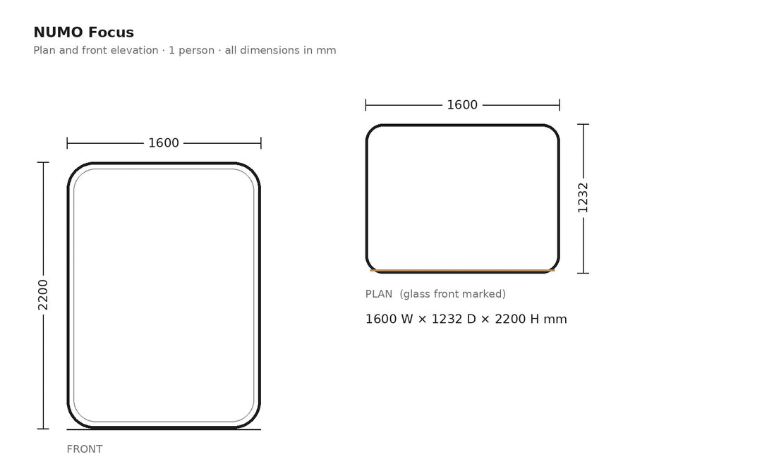 NUMO Focus office work pod dimensions, plan and front elevation in mm | Chair Dinkum Australia